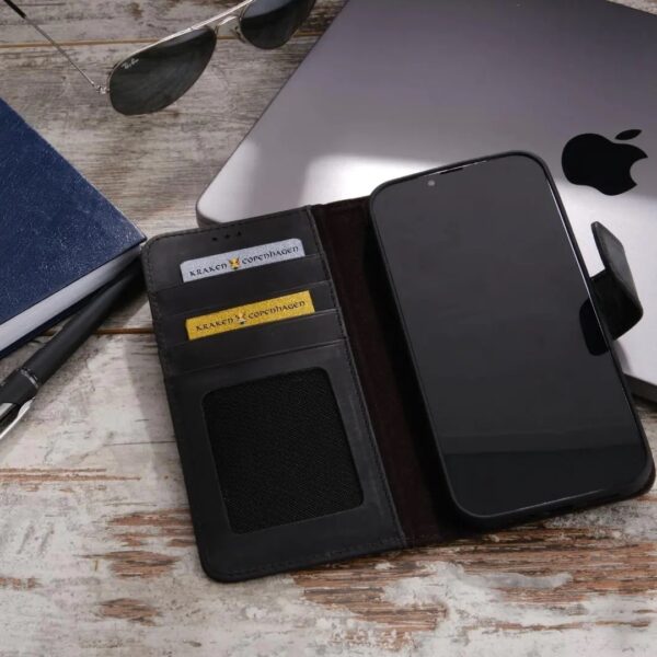 mwpci 10 1 - Ægte Læder Classic Wallet IPhone 14 Series Cover -Sort