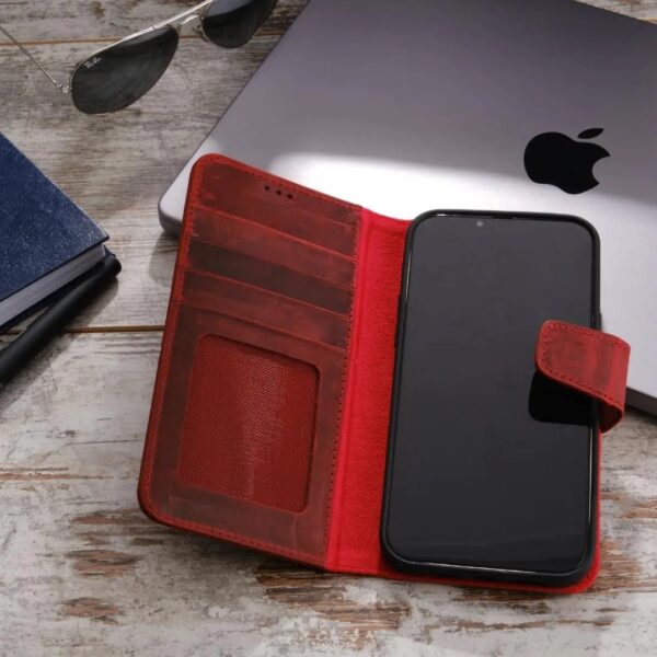 mwpci 7 - Ægte Læder Classic Wallet IPhone 14 Series Cover - Rød