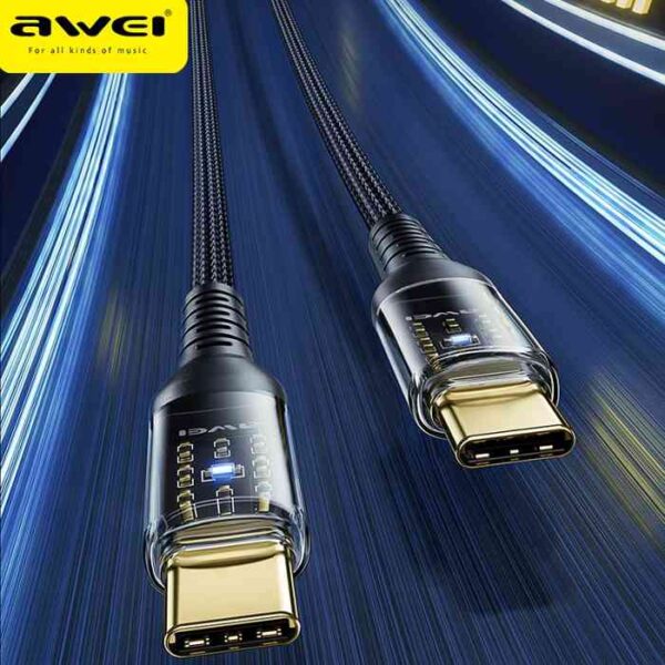 1670743747 Awei CL 138L CL 138T PD Fast Charging Cord Type C to Type C Charging Charger with Light USB Cable 2 - AWEI CL-138T 60W Type-C to Type-C PD Fast Oplader