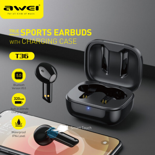 AWEI T36 TWS Wireless Headphone Bluetooth Earphone Sports Headset Music MiNi In ear Earpiece With Microphone - AWEI T36 TWS Trådløs Hovedtelefon