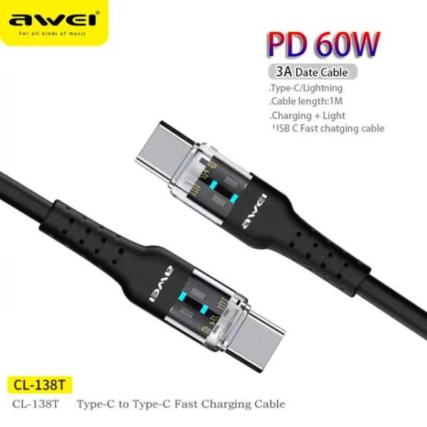 - AWEI CL-138T 60W Type-C to Type-C PD Fast Oplader